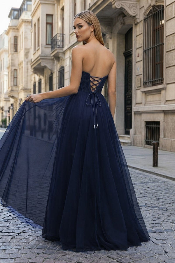 A - Line Sweetheart Beads Empire - Waist Sleeveless Prom Dress With Slit - KissProm