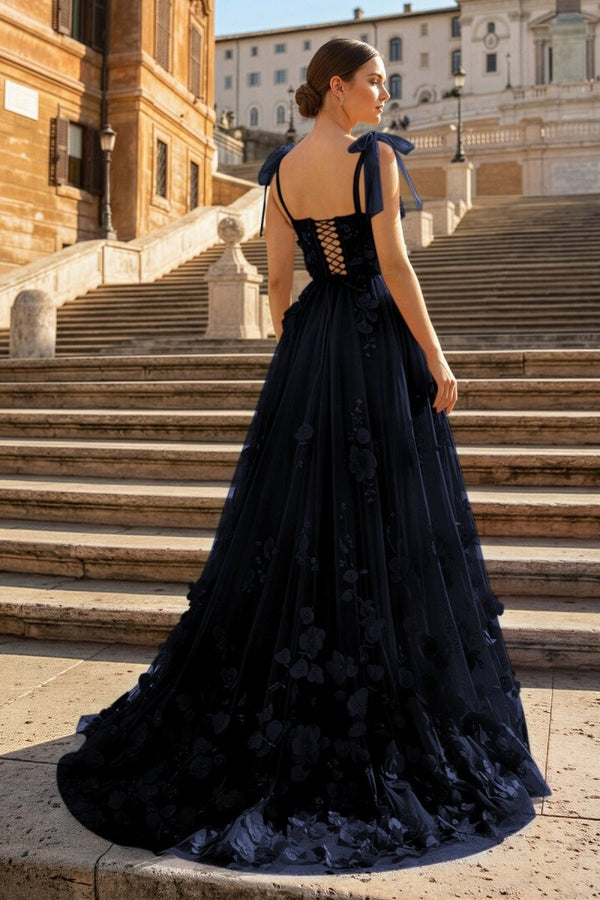 Scarlet Tulle A-line 3D Flower Long Prom Dress With Slit – Prom Dress by KissProm | Available at KissProm