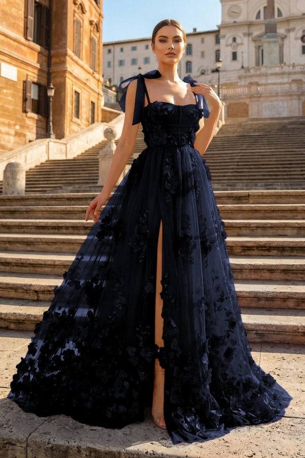 Scarlet Tulle A-line 3D Flower Long Prom Dress With Slit – Prom Dress by KissProm | Available at KissProm