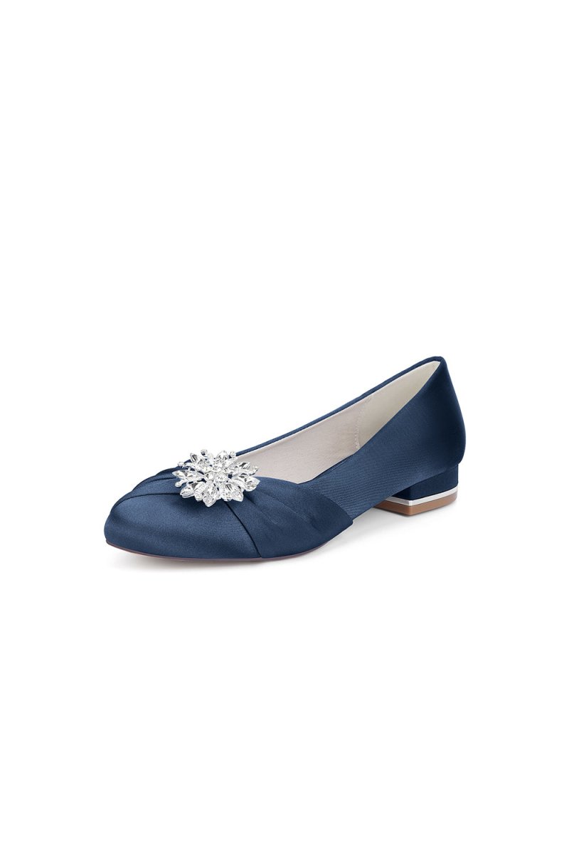 Navy Blue Flat Shoes with Crystal Flower Decoration - KissProm