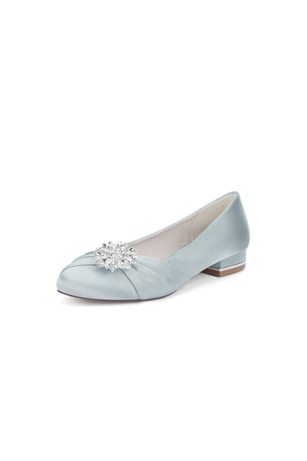 Navy Blue Flat Shoes with Crystal Flower Decoration - KissProm