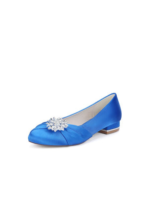Navy Blue Flat Shoes with Crystal Flower Decoration - KissProm