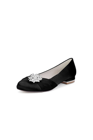 Navy Blue Flat Shoes with Crystal Flower Decoration - KissProm