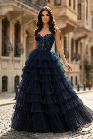 Spaghetti Straps Sweetheart Layered Tulle Formal Prom Dress with Slit - KissProm