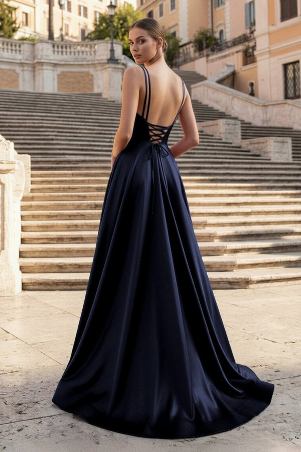 Burgundy Spaghetti Straps A Line Satin Long Prom Dresses With Slit - KissProm