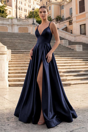 Burgundy Spaghetti Straps A Line Satin Long Prom Dresses With Slit - KissProm
