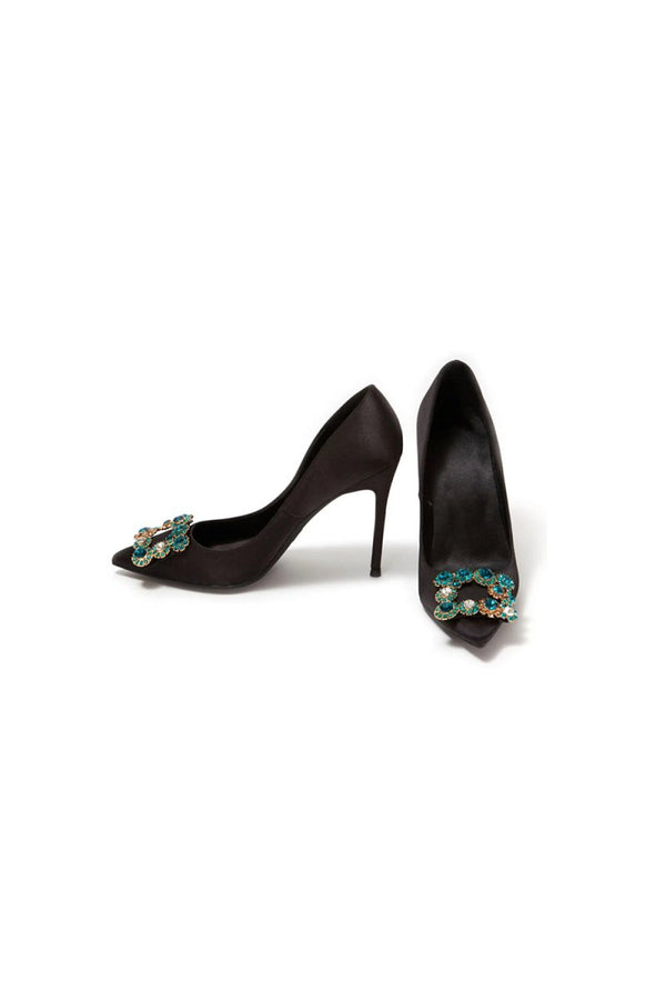 Navy Wedding Satin Pointed Toe Rhinestones Buckle Stiletto Heel Pumps - KissProm