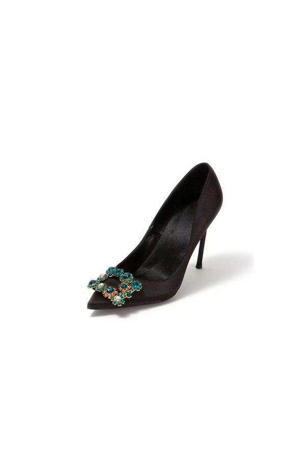 Navy Wedding Satin Pointed Toe Rhinestones Buckle Stiletto Heel Pumps - KissProm