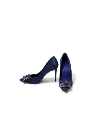 Navy Wedding Satin Pointed Toe Rhinestones Buckle Stiletto Heel Pumps - KissProm