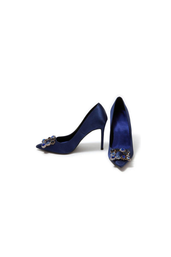 Navy Wedding Satin Pointed Toe Rhinestones Buckle Stiletto Heel Pumps - KissProm