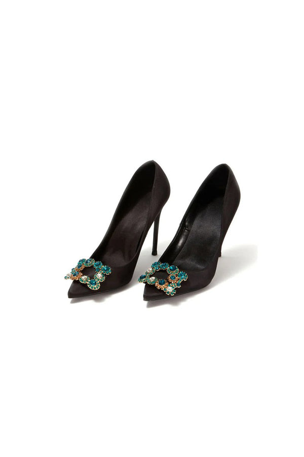 Navy Wedding Satin Pointed Toe Rhinestones Buckle Stiletto Heel Pumps - KissProm