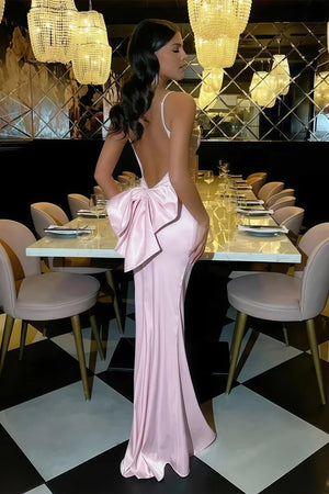 Naysia | Pink - Mermaid Spaghetti Straps Satin Long Prom Dresses with Bowknot - KissProm