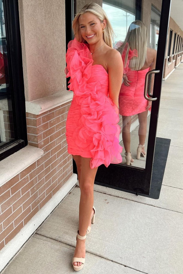 Yellow  One-Shoulder Ruffle Bodycon Short Homecoming Dress