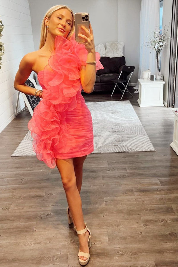 Yellow  One-Shoulder Ruffle Bodycon Short Homecoming Dress