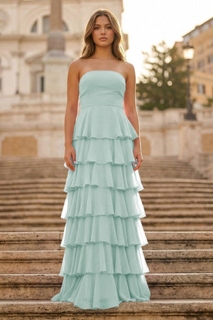 Purple Strapless A Line Chiffon Long Prom Dress With Ruffles - KissProm