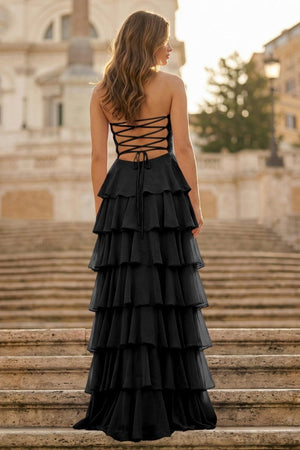 Purple Strapless A Line Chiffon Long Prom Dress With Ruffles - KissProm