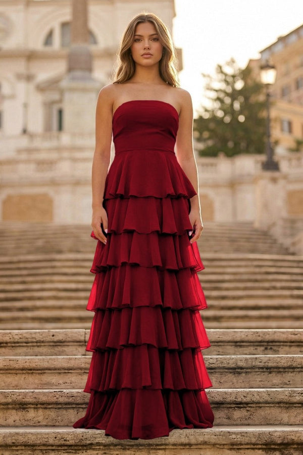 Purple Strapless A Line Chiffon Long Prom Dress With Ruffles - KissProm