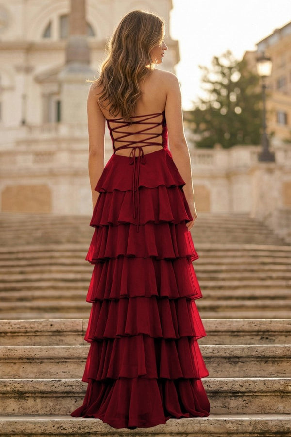 Purple Strapless A Line Chiffon Long Prom Dress With Ruffles - KissProm