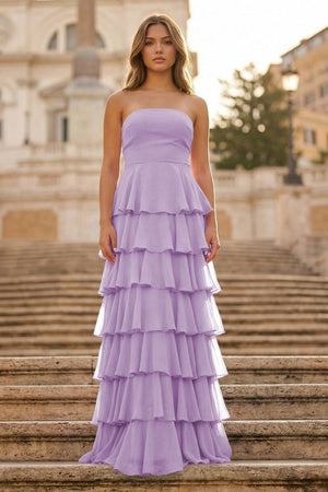 Purple Strapless A Line Chiffon Long Prom Dress With Ruffles - KissProm