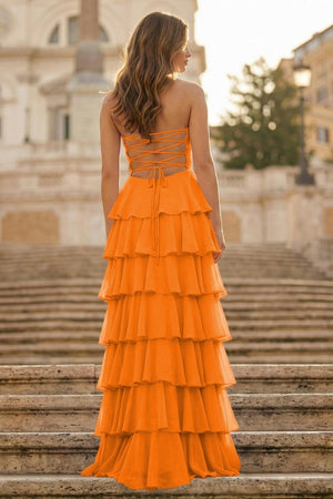 Purple Strapless A Line Chiffon Long Prom Dress With Ruffles - KissProm