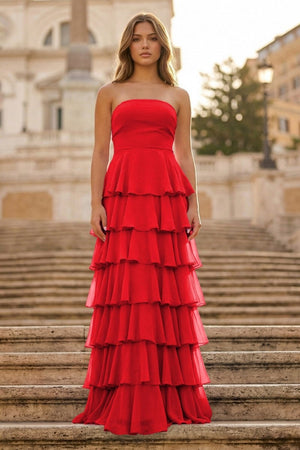 Purple Strapless A Line Chiffon Long Prom Dress With Ruffles - KissProm