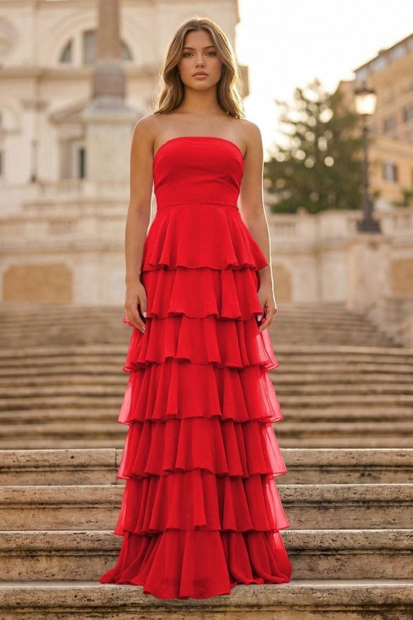 Purple Strapless A Line Chiffon Long Prom Dress With Ruffles - KissProm