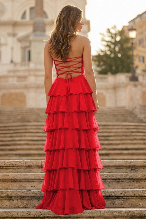 Purple Strapless A Line Chiffon Long Prom Dress With Ruffles - KissProm