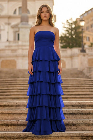 Purple Strapless A Line Chiffon Long Prom Dress With Ruffles - KissProm