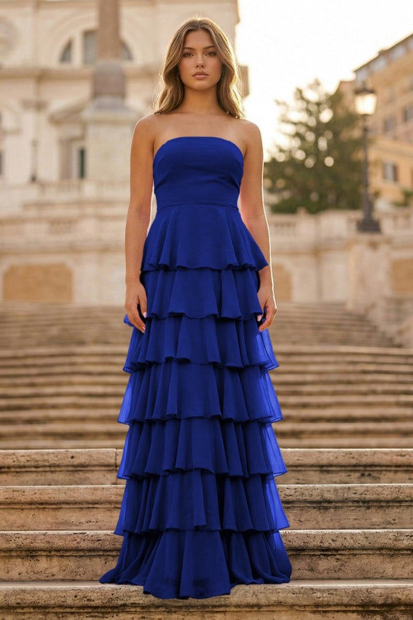 Purple Strapless A Line Chiffon Long Prom Dress With Ruffles - KissProm