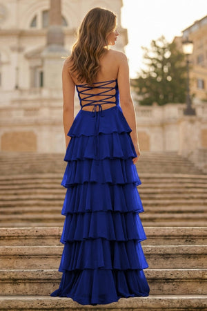Purple Strapless A Line Chiffon Long Prom Dress With Ruffles - KissProm