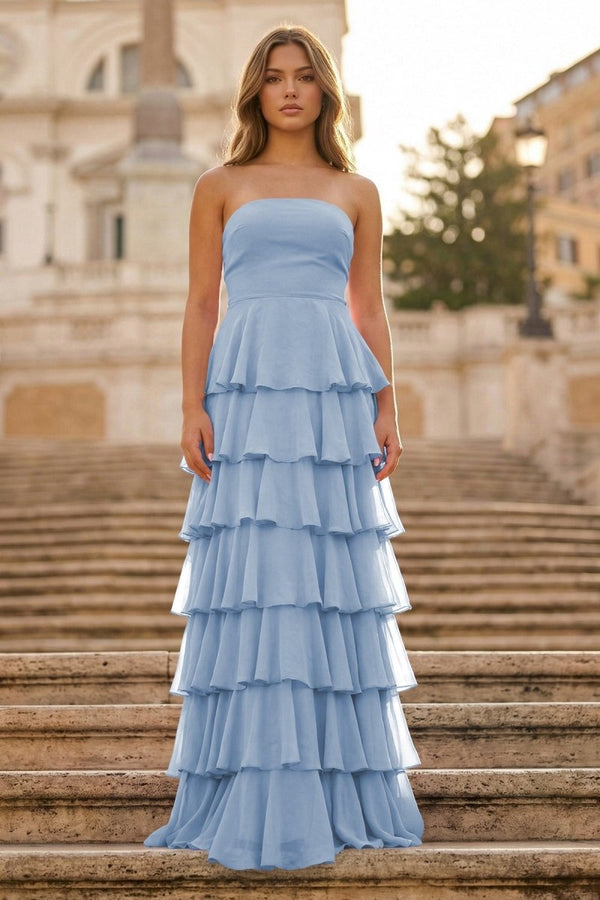 Purple Strapless A Line Chiffon Long Prom Dress With Ruffles - KissProm