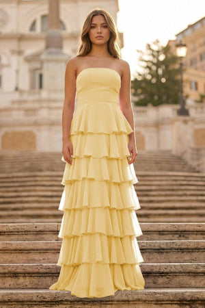 Purple Strapless A Line Chiffon Long Prom Dress With Ruffles - KissProm