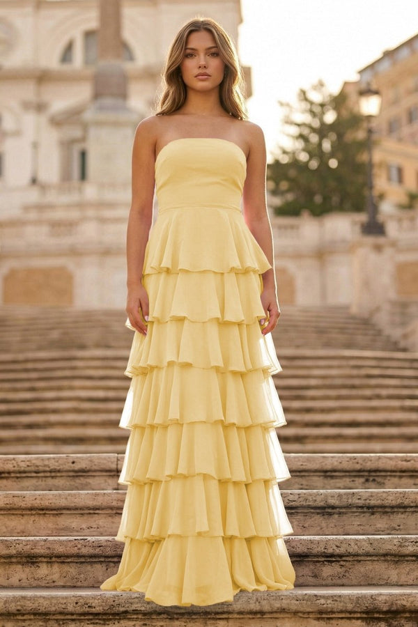 Purple Strapless A Line Chiffon Long Prom Dress With Ruffles - KissProm