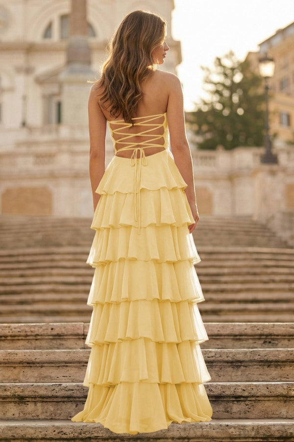Purple Strapless A Line Chiffon Long Prom Dress With Ruffles - KissProm