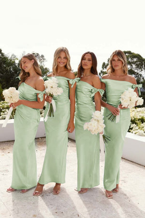 Off-Shoulder Sheath Pleated Satin Sky Blue Long Bridesmaid Dress – Bridesmaid Dresses by KissProm | Available at KissProm
