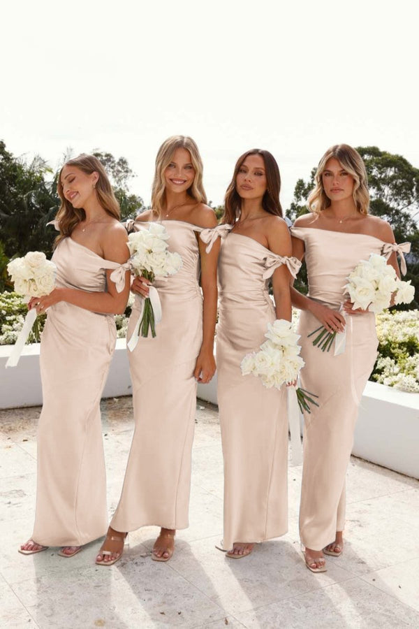Off-Shoulder Sheath Pleated Satin Sky Blue Long Bridesmaid Dress – Bridesmaid Dresses by KissProm | Available at KissProm