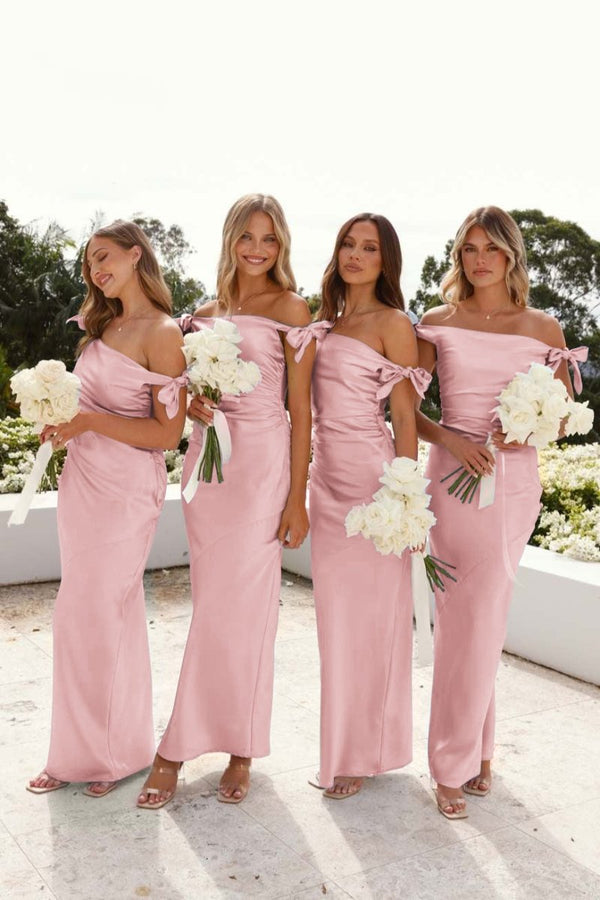 Off-Shoulder Sheath Pleated Satin Sky Blue Long Bridesmaid Dress – Bridesmaid Dresses by KissProm | Available at KissProm