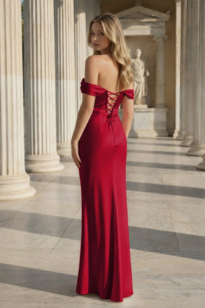 Off the Shoulder Coral Mermaid Satin Long Party Dress - KissProm