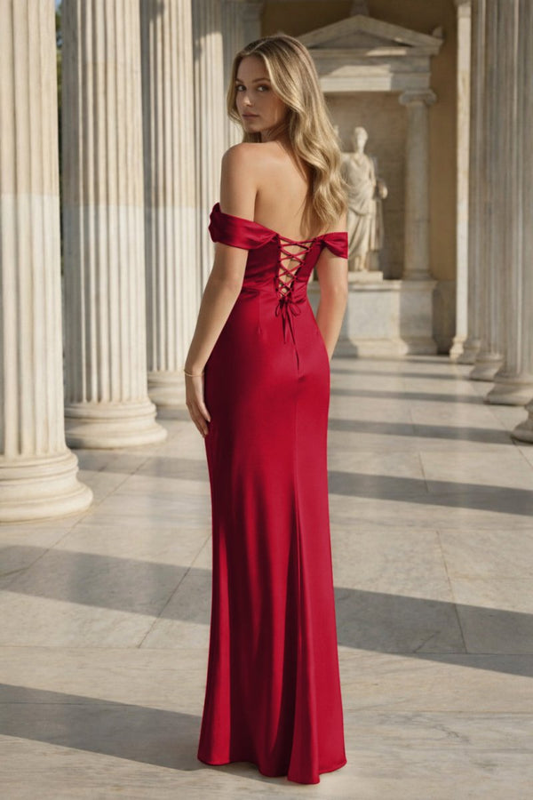 Off the Shoulder Coral Mermaid Satin Long Party Dress - KissProm