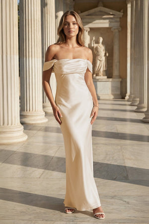 Off the Shoulder Coral Mermaid Satin Long Party Dress - KissProm