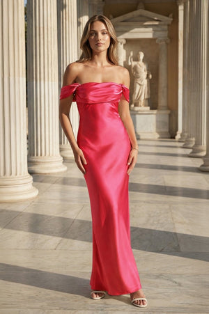 Off the Shoulder Coral Mermaid Satin Long Party Dress - KissProm