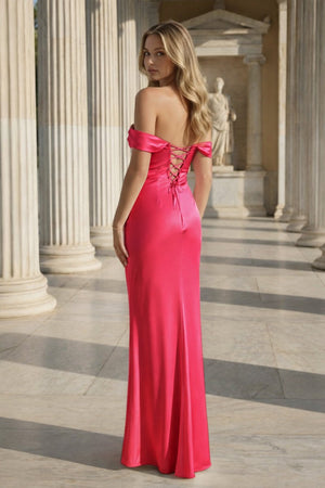 Off the Shoulder Coral Mermaid Satin Long Party Dress - KissProm