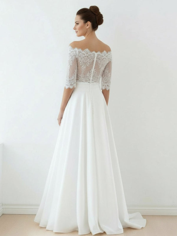Off - The - Shoulder Lace A - Line Satin Two - Piece Wedding Dress With Sweep Train - KissProm