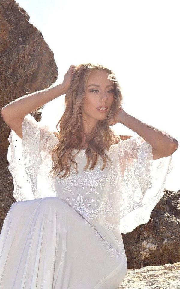 Off-The-Shoulder Lace Jersey Dress With Embroideries Ruffles