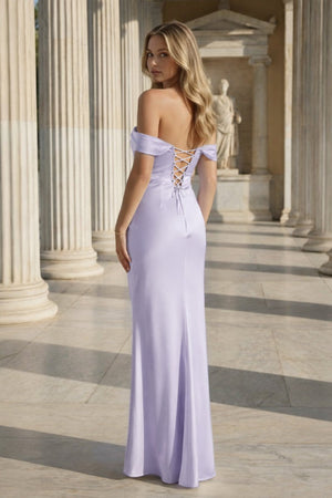 Off the Shoulder Coral Mermaid Satin Long Party Dress - KissProm