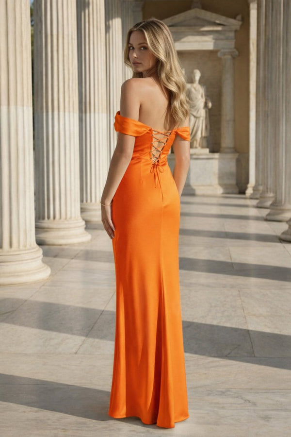 Off the Shoulder Coral Mermaid Satin Long Party Dress - KissProm