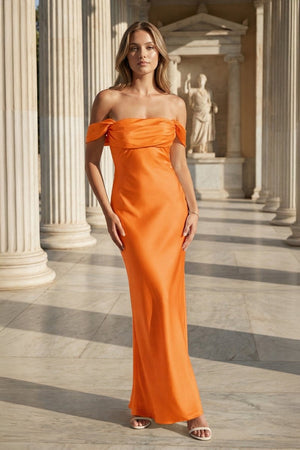 Off the Shoulder Coral Mermaid Satin Long Party Dress - KissProm