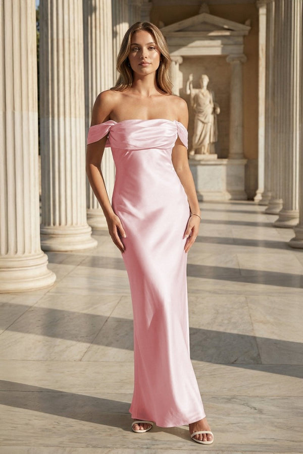 Off the Shoulder Coral Mermaid Satin Long Party Dress - KissProm