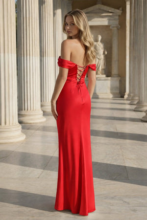 Off the Shoulder Coral Mermaid Satin Long Party Dress - KissProm