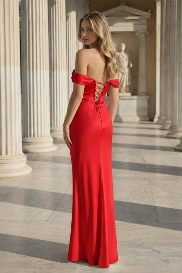 Off the Shoulder Coral Mermaid Satin Long Party Dress - KissProm